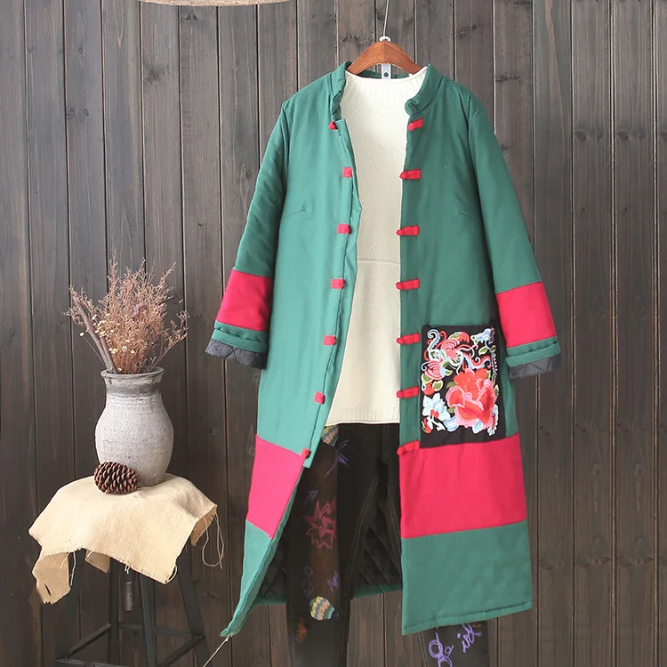 

[Cotton Linen Retro] 2017 Autumn New Arrival National Style Double Color Spell Medium-length Padded Cotton-padded Clothes