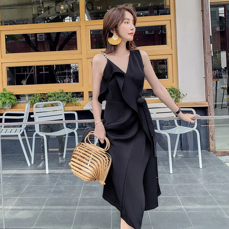

2019 Korean-style Summer New Style Fashion Elegant Non-symmetrical Strap CHIC Slim Fit Slimming V-neck Dress WOMEN'S Dress