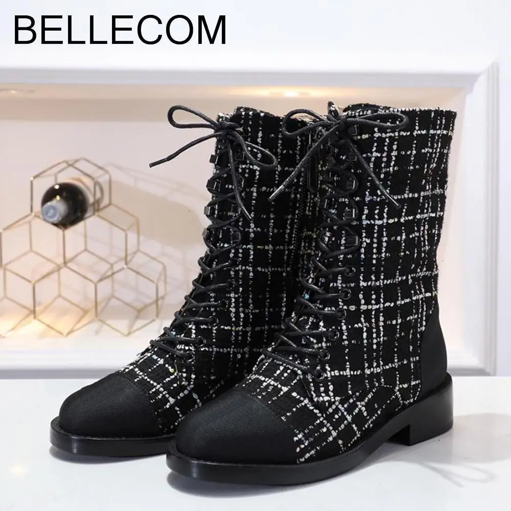 

BELLECOM Autumn Winter New Round-Headed Martin Boots for women with Ribbons, ladies platform Shoes and Bare Boots zapatos