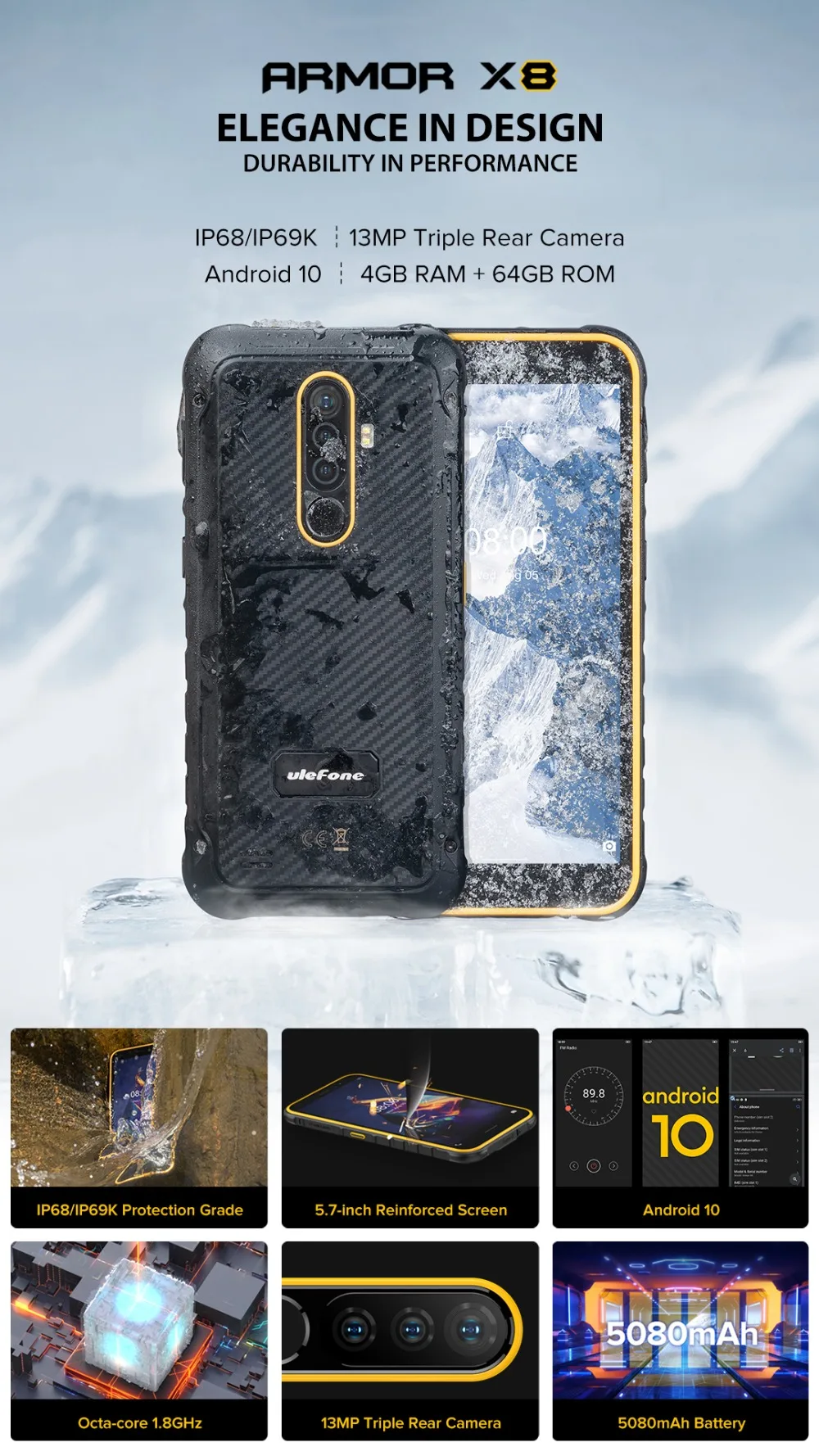 4gb + 64gb Novo Original Ulefone Armadura Áspero Ip68 Smartphone Android10 5.7-occelular Octa-core Nfc 4g Lte Telefones Celulares x8 4 64gb áspero ip68 smartphone android10 5.7-occelular octa-core