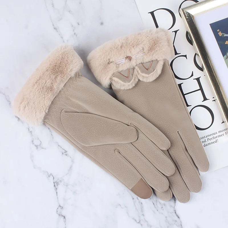 Breathable Soft Comfortable Plus Velvet Cute Cat Ear Furry Mittens Autumn Winter Women Full Finger Touch Screen Thermal GlovesZi