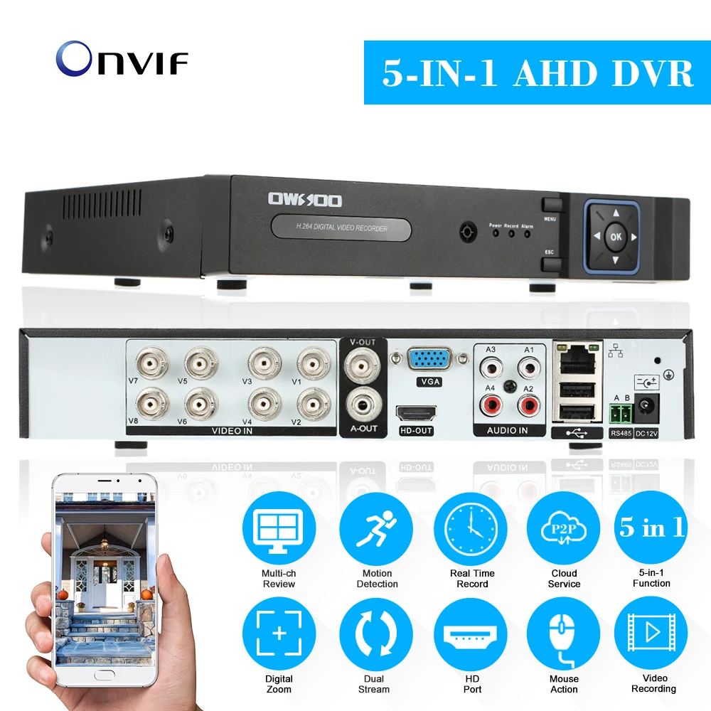 8CH Onvif 1080P NVR AHD DVR 5в1 CCTV видео регистратор системы наблюдения движения обнаружения P2P сети для безопасного ношения телефона управления