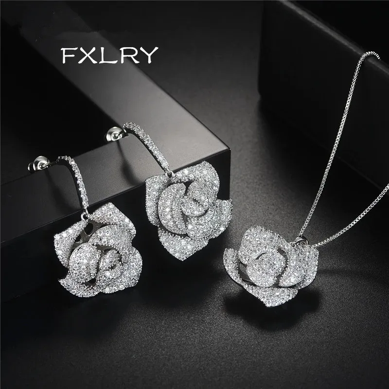 FXLRY New Design Romantic White CZ Cubic Zircon Flower Drop Pendant Necklace And Earrings Jewelry Set | Украшения и аксессуары