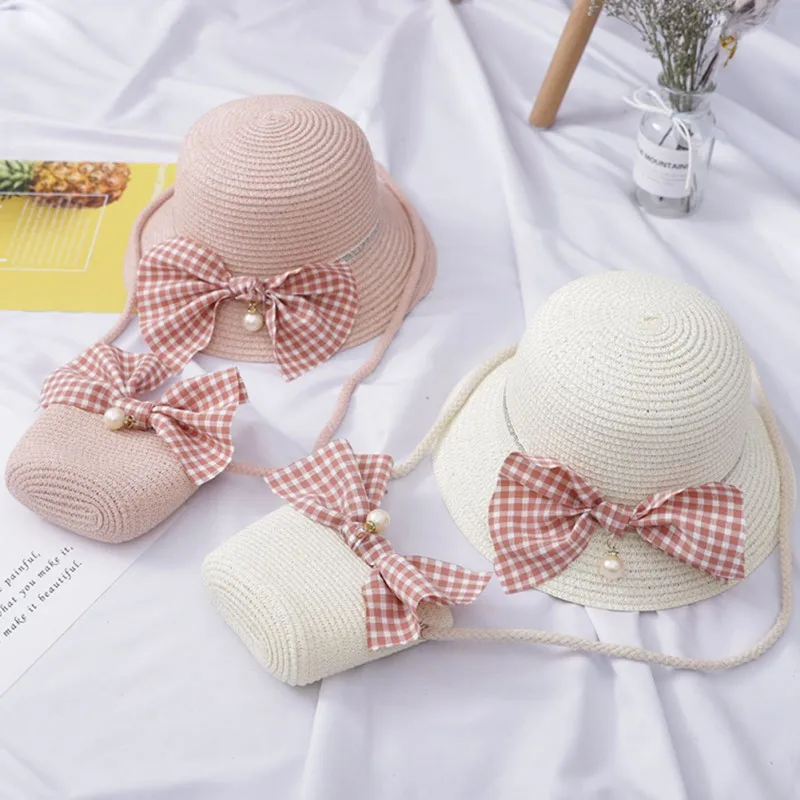 Summer Cute Beach Bowknot Straw Sun Cap And Handbag Pearl Decoration 2pcs For Kids Girls 4-8Y Lovely Toddler Girl Wavy Hat