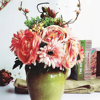 

1pcs Artificial Flower 6Head Simulation Flowers Rose and Gerbera Party Table Deocr New Year Christmas Party Fake Flower Decors