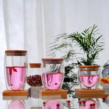 

250ml/350ml/450ml Double Layer Wall Clear Glass Tea Cups + Bamboo Lid Set Anti-scalding Glass Coffee Tea Milk Insulation Mugs