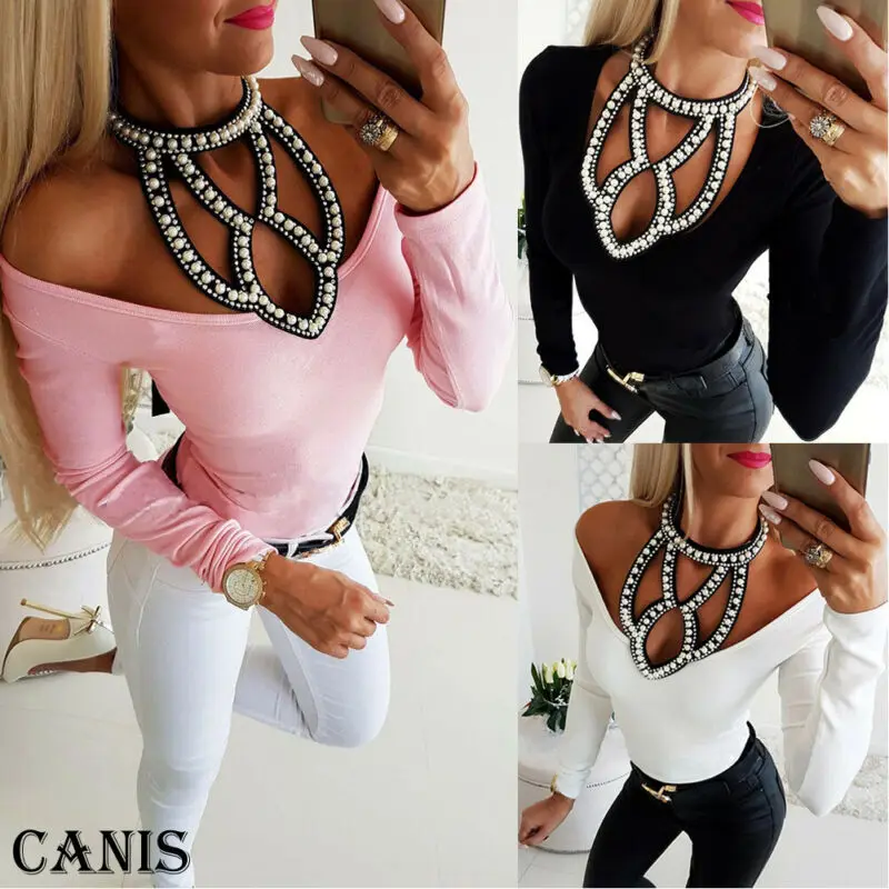 

Women Sexy Hollow Solid Cold Off Shoulder Studded Beaded V-Neck Long Sleeve Tee Ladies Slim Casual Top Autumn Clothes T-Shirt