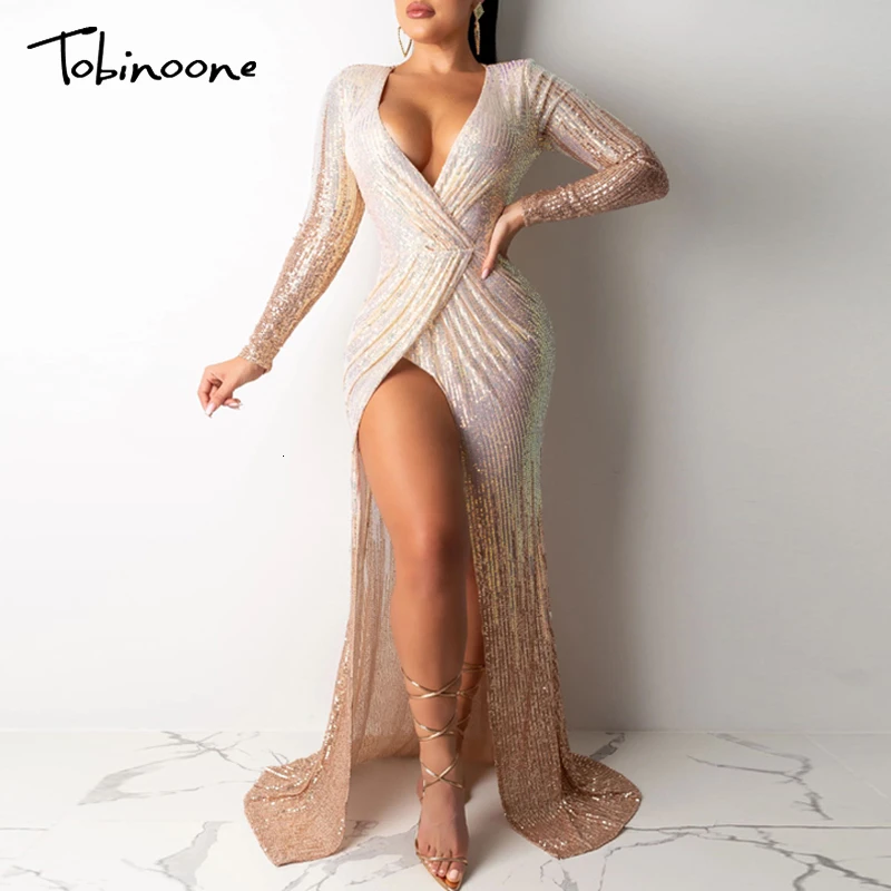 

Tobinoone Elegant Sequin Dress V Neck High Split Leg Sheath Maxi Dress Night Party Gown Long Sleeve Elastic Long Wrapped Dress