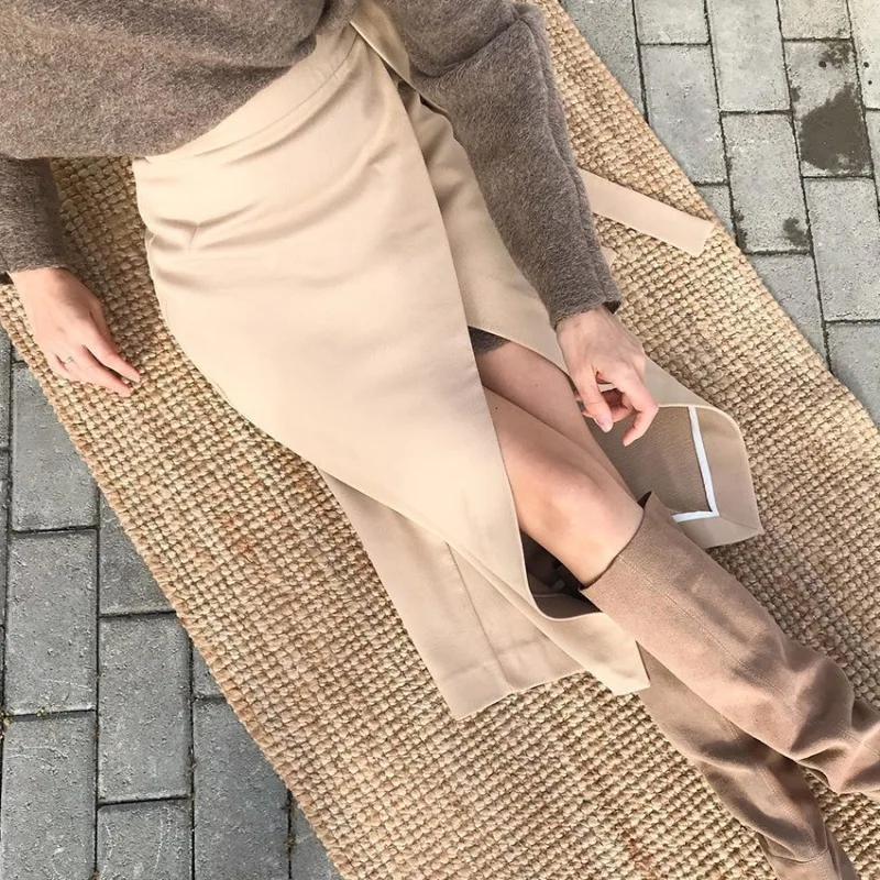 Khaki Suede Long Skirt Women Autumn Winter Casual Wrap Skirt Lace Up Women High Waist Midi Skirt Office Ladies Elegant