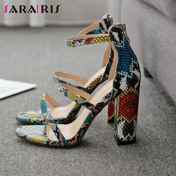 

SARAIRIS Sexy Female Snake Print Round Toe Cover Heel High Heel Sandals 2020 Casual Party Sandals Women Summer Shoes Woman