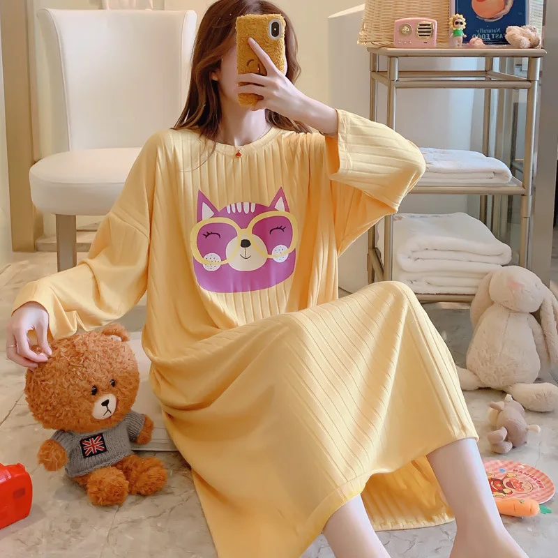 

Long Nightgown Women's Spring And Autumn Pure Cotton Large Size Loose-Fit Pregnant Women Pajamas Korean-style Thin-Outer Wear Su