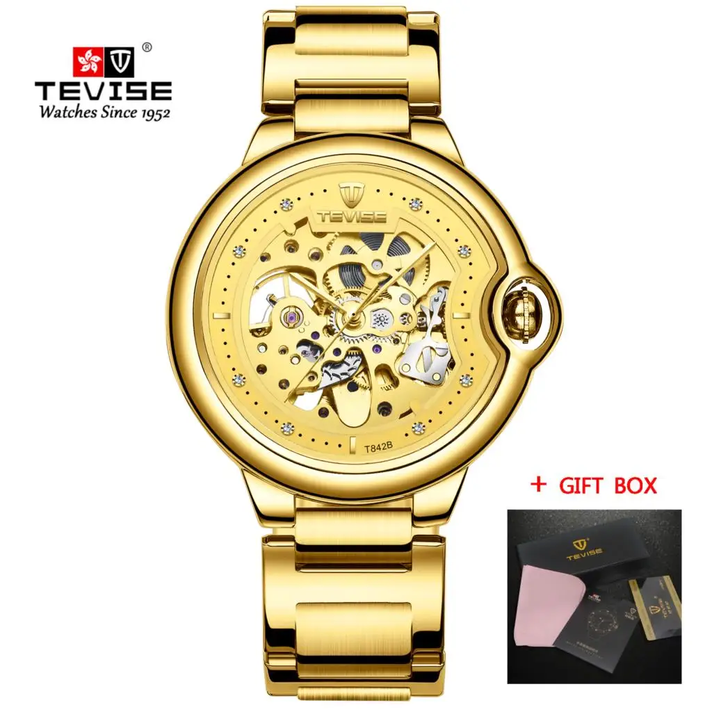 steel full gold Tevise Топ бренд для мужчин s часы автоматические механические часы полый Скелет Tourbillon наручные часы для мужчин Relogio Masculino - Цвет: steel full gold