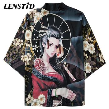 

LENSTID Harajuku Anime Geisha Print Japanese Kimono Jacket 2020 Hip Hop Mens Streetwear Loose Jackets Summer Thin Clothing White