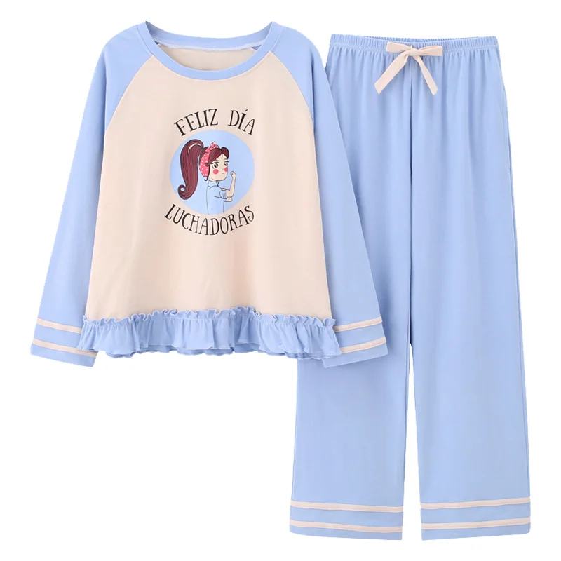 

Spring Blue Top Blue Pants Cartoon Printing Pajamas Set Homesuit Homeclothes Fashion Style Long Sleeve Long Pants Sleepwear