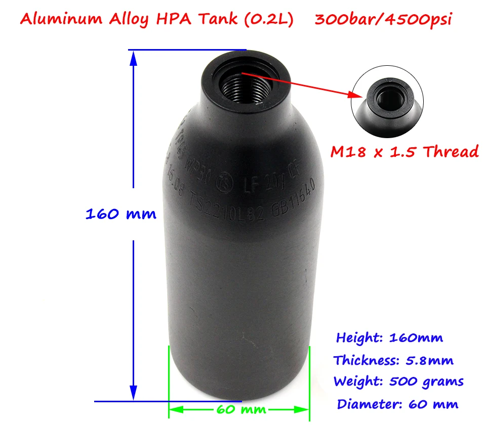 0.20L HPA Танки 300 бар/4500PSI баллоны высокого давления для PCP Пейнтбол спорта M18* 1,5 резьба