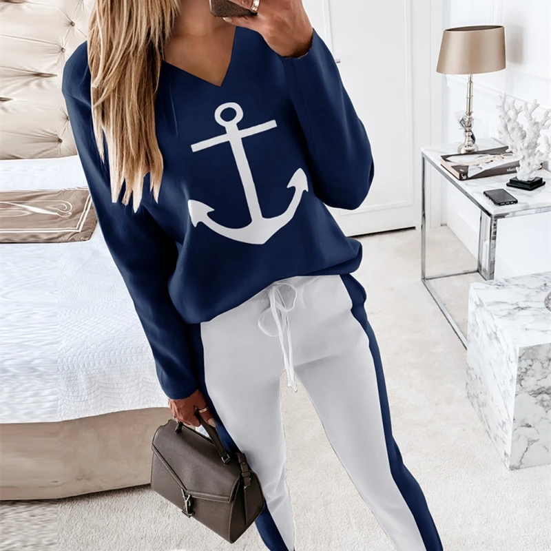 2021 Women Fashion Elegant Casual Boat Anchor Print Long Sleeve Top & Drawstring Waist Pants Set Spring Autumn long skirt and top set