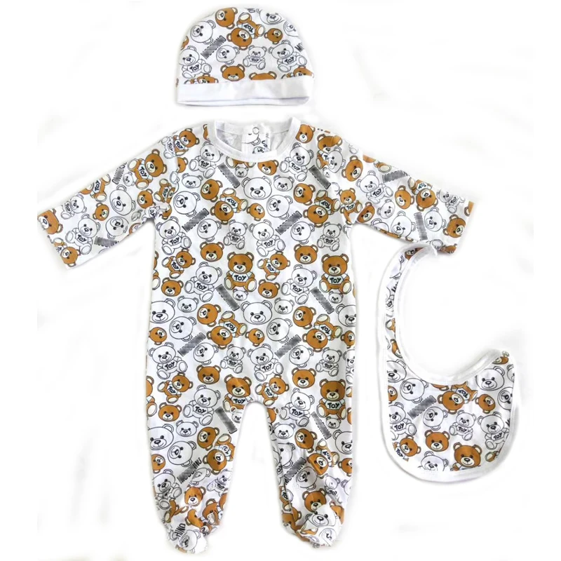 

2020 fashion newborn baby clothes cotton printed long-sleeved bear boy girl romper hat and bib Sets
