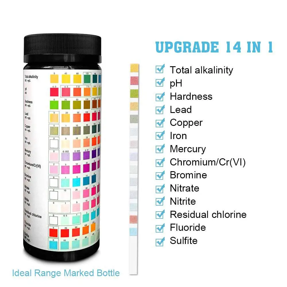 14-в-1 питьевой воды Тесты полосы и водопроводная вода качество Тесты простой твердость PH брома нитрат и т. д. 1 упак/100 шт