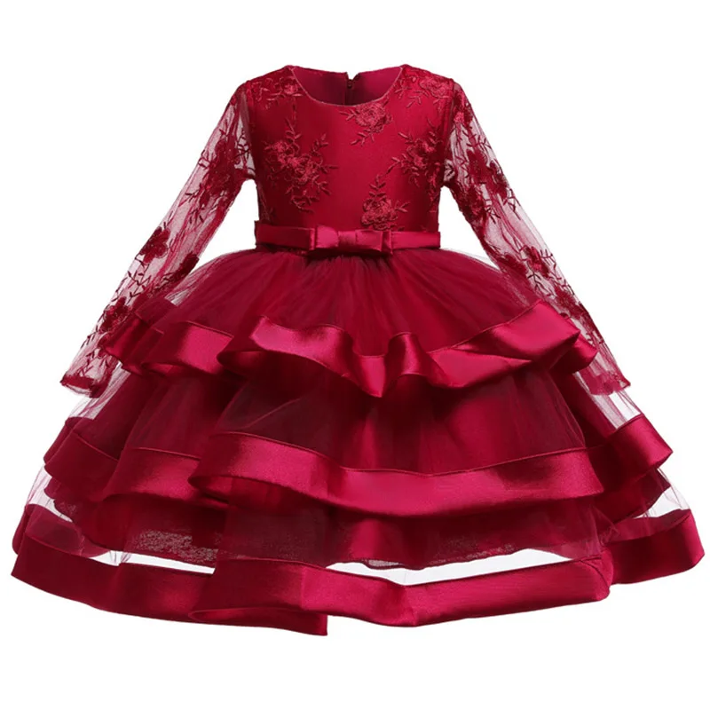 Летнее бальное платье-пачка, праздничное платье с длинными рукавами для маленьких девочек, платья, одежда для девочек на свадьбу, платье принцессы для детей 2-10 лет - Цвет: Dark red