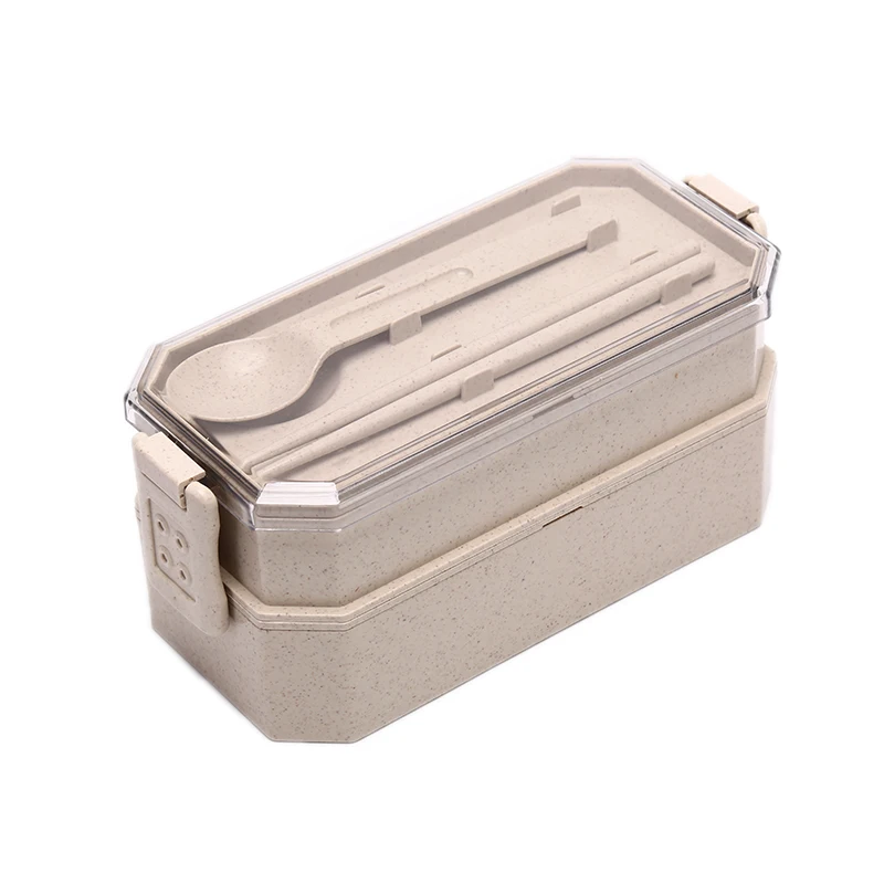 beige Контейнер для хранения продуктов в микроволновой печи, Ланчбокс из пшеничной соломы, двухслойный Ланч-бокс с ложкой, здоровый материал, коробки для бэнто - Цвет: beige