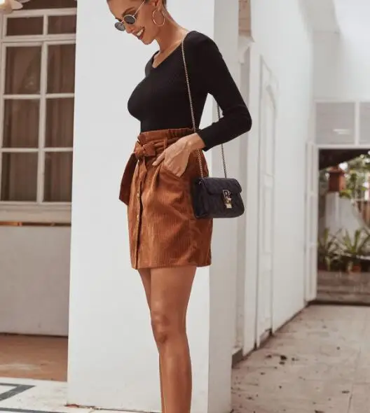 

Women Button Front Short Skirt Corduroy High Waist Fashion Bud Skirts -OPK