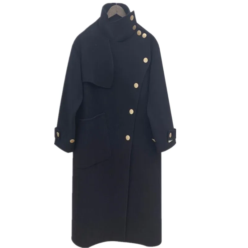 dark blue Новое поступление зимнее модное шерстяное пальто со стоячим воротником женское свободное красивое шерстяное пальто - Цвет: dark blue