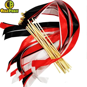 

50Pcs Black Red Ribbon Wands Twirling Wedding Ribbon Streamers Stick With Bell Send off Bell Wands Wedding Birthday Party Supply