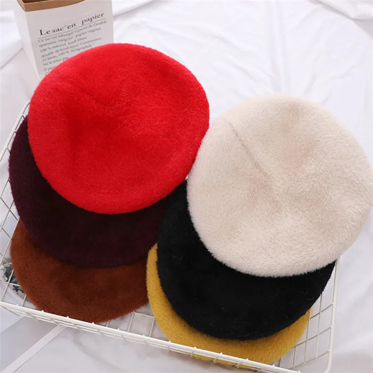 New Winter Girl Child Thick Warm Adjustable Fluffy Beret Cap Kids Women Wool Beret Cap Felt Pumpkin Artist Hat