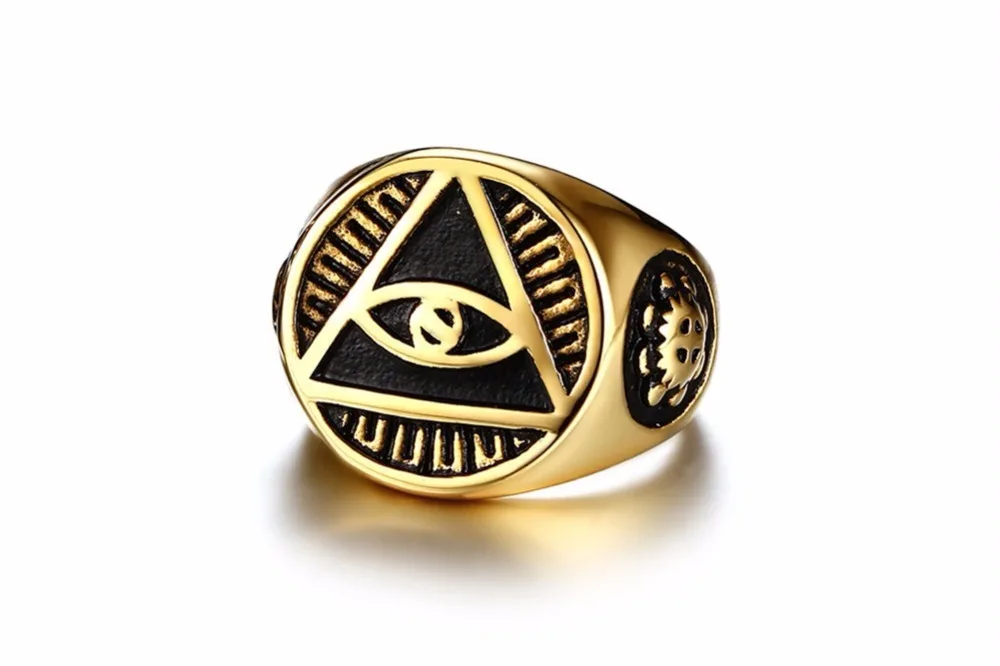 Mens Rings Illuminati Pyramid the All-Seeing-Eye Religious Ring for Men Stainless Steel Vintage Symbols Jewelry gold 15