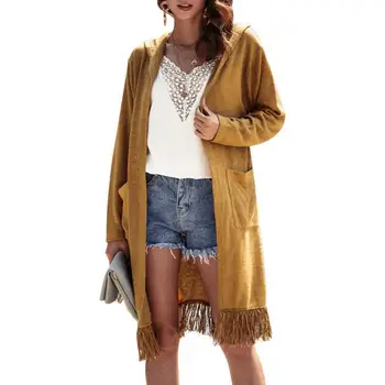 

Autumn Winter Solid Loose Tassel Hooded Knitted Cardigan Women Casual Long Sleeve Pockets Knitted Coat Sweater Top