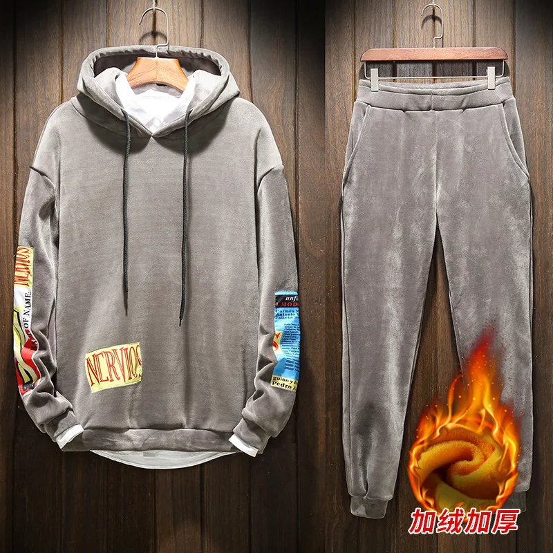 

2019 Autumn And Winter New Style Men Casual Gold Velvet Set Japanese-style Large Size Loose-Fit Hooded plus Velvet Warm Two-Piec