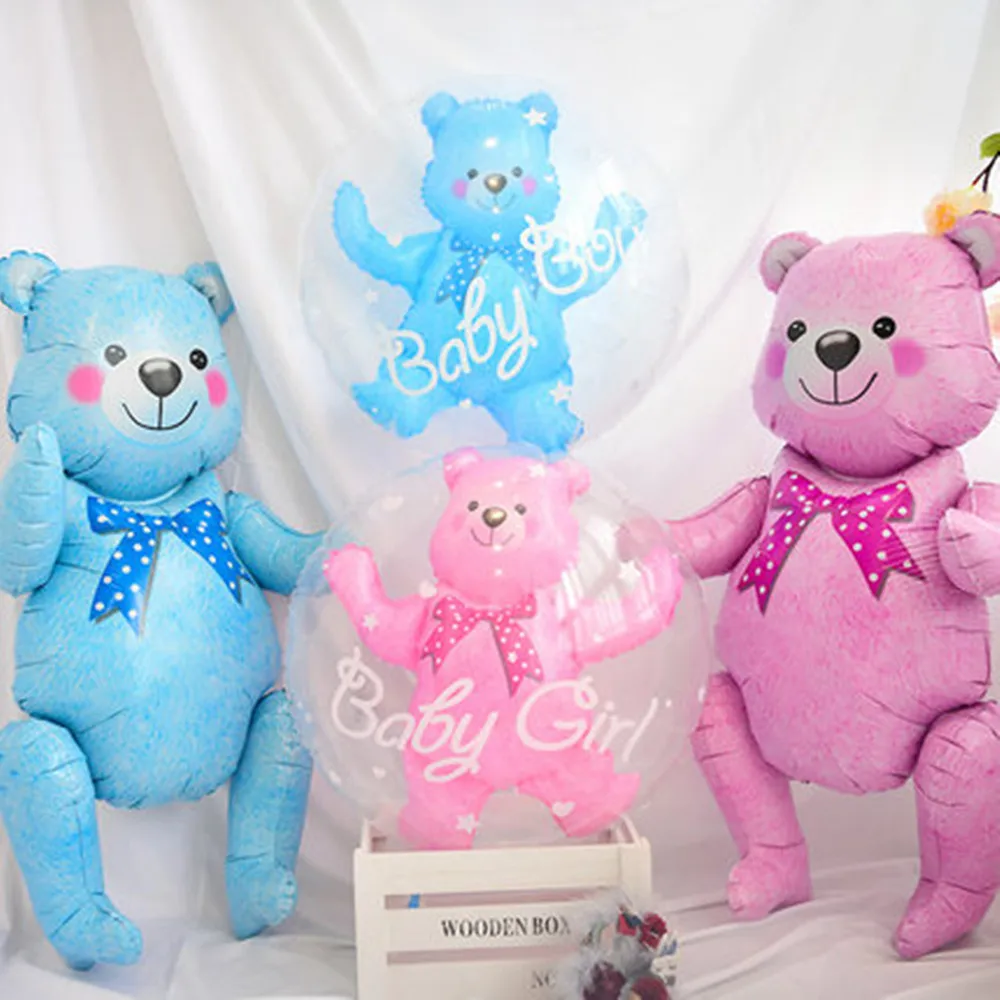 Bola de burbuja en forma de oso para bebé y niña, 4D globo en forma de oso, globos de aluminio, decoración de baño de bebé, juguetes para niños, 24 pulgadas, azul y rosa