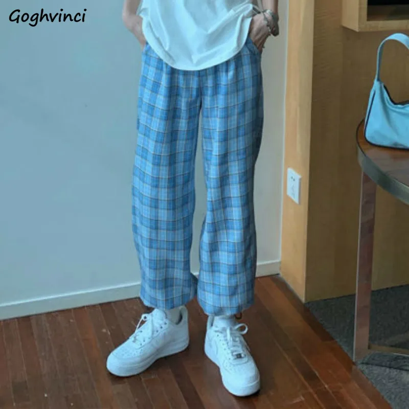 Pants Women Summer New Blue Plaid Leisure Korean Style Plus Size Lovely Girls Kawaii Students Harajuku Ankle-length Trousers Pants Women Summer New Blue Plaid Leisure Korean Style Plus Size Lovely Girls Kawaii Students Harajuku Ankle-length Trousers