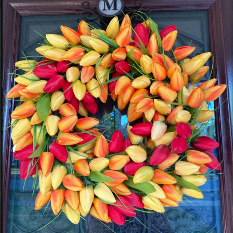 Couronne De Tulipe Décorative - Diamètre 35 Cm, Soie Et Rotin, Pour Porte Ou Mur, Sans Entretien