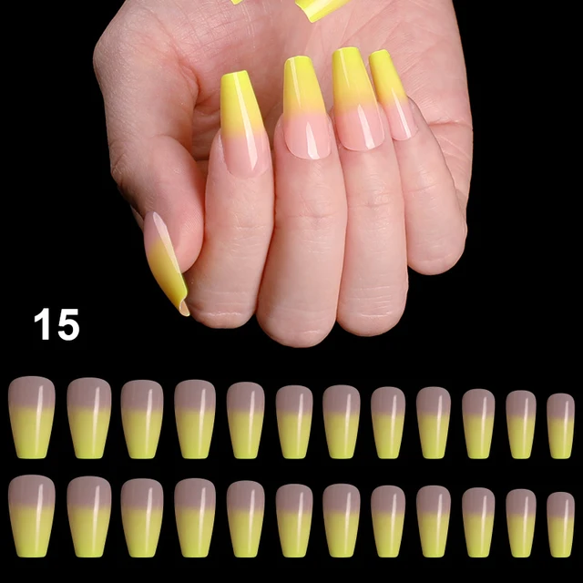 24pcs/Set Detachable Long Coffin Fake Nails European Rainbow Ballerina Full Nail Art Tips Colorful Beauty Artificial False Nails Series A 15