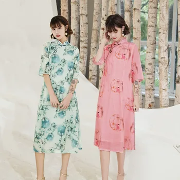 

2020 Chinese Dress half sleeve chinese women long cheongsam dress linen qipao chinese traditional dress long dress qipao