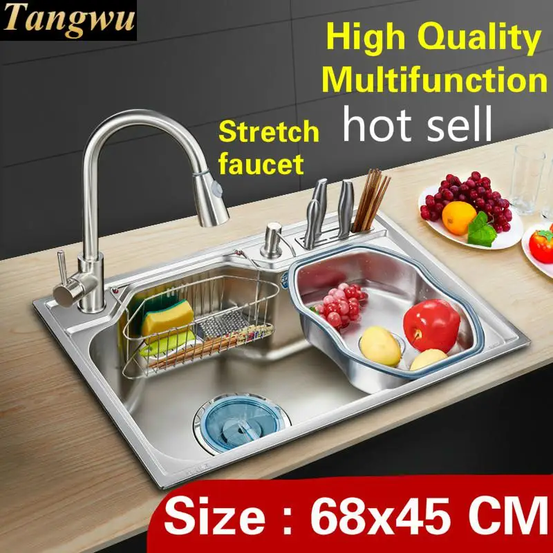 Free shipping Home luxury kitchen single trough sink high capacity stretch faucet wash vegetables 304 stainless steel 68x45 CM