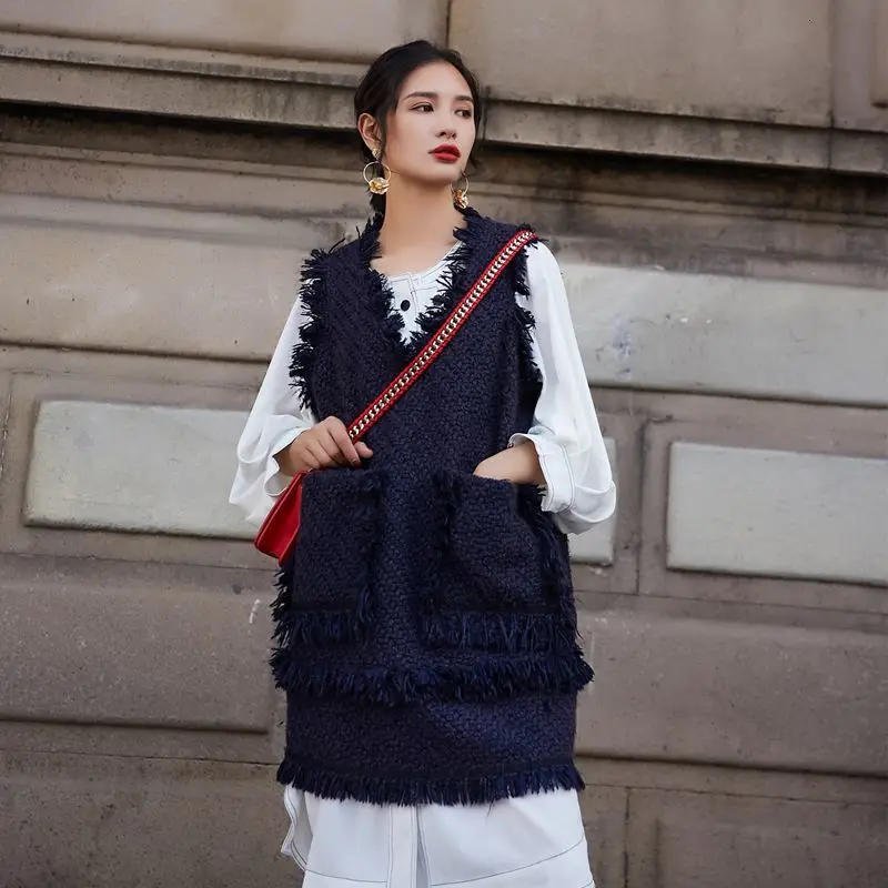 LANMREM весна и новая мода v-образный вырез сплошной цвет без рукавов бахрома сбоку длинный свитер вязаное платье женское PB606