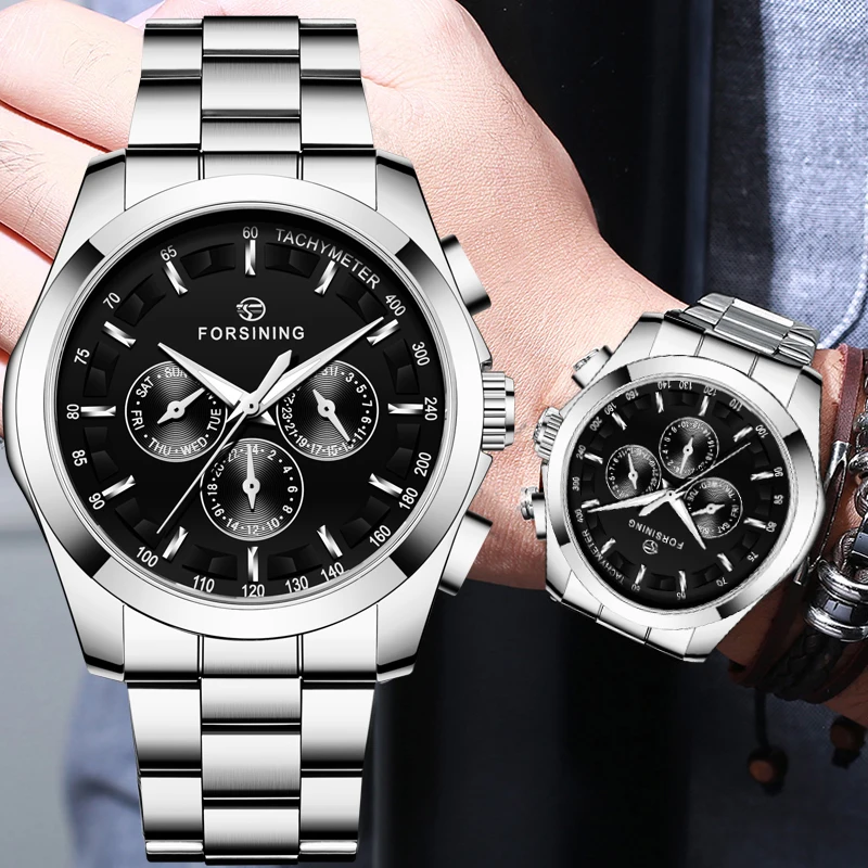

Forsining Black Men's Mechanical Watch 3 Dial Calendar Automatic Self-Wind Clock Business Sport Stainless Steel Belts Wristwatch