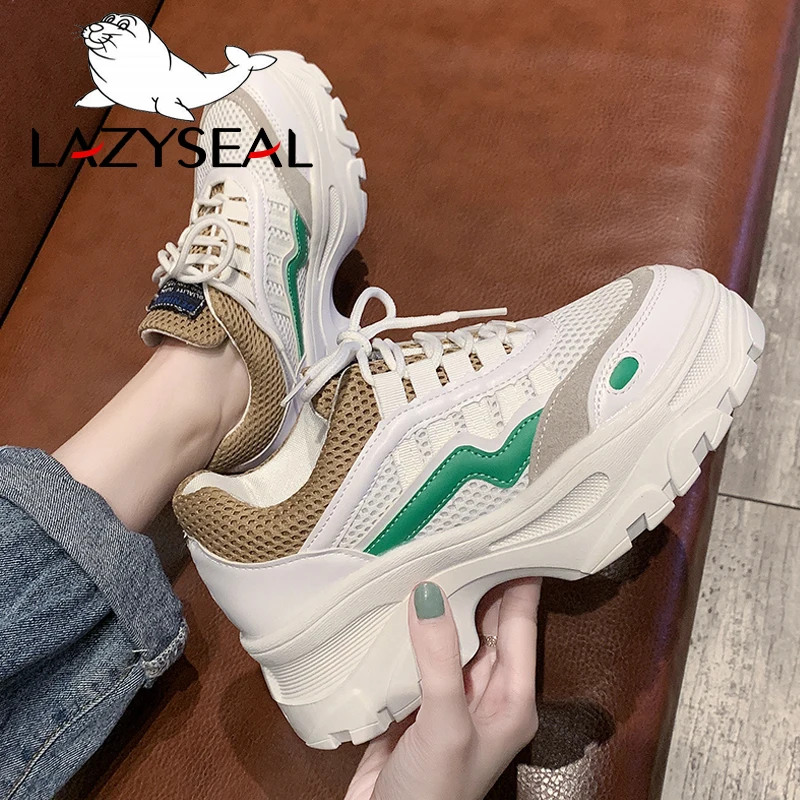 

LazySeal Air Mesh Platform Shoes Woman Sneakers Lace-up Round Toe Thick Bottom Ankle Boots For Women Chunky Heels Casual Shoes