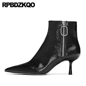 

short fall patent leather high heel shoes genuine zipper pointed toe black women ankle boots medium designer stiletto autumn