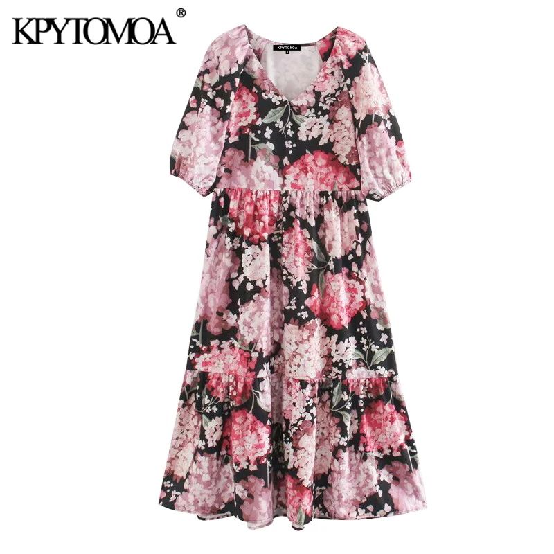 KPYTOMOA Women 2020 Chic Fashion Floral Print Pleated Midi Dress Vintage V Neck Puff Sleeve Female Dresses Vestidos Mujer KPYTOMOA Women 2020 Chic Fashion Floral Print Pleated Midi Dress Vintage V Neck Puff Sleeve Female Dresses Vestidos Mujer
