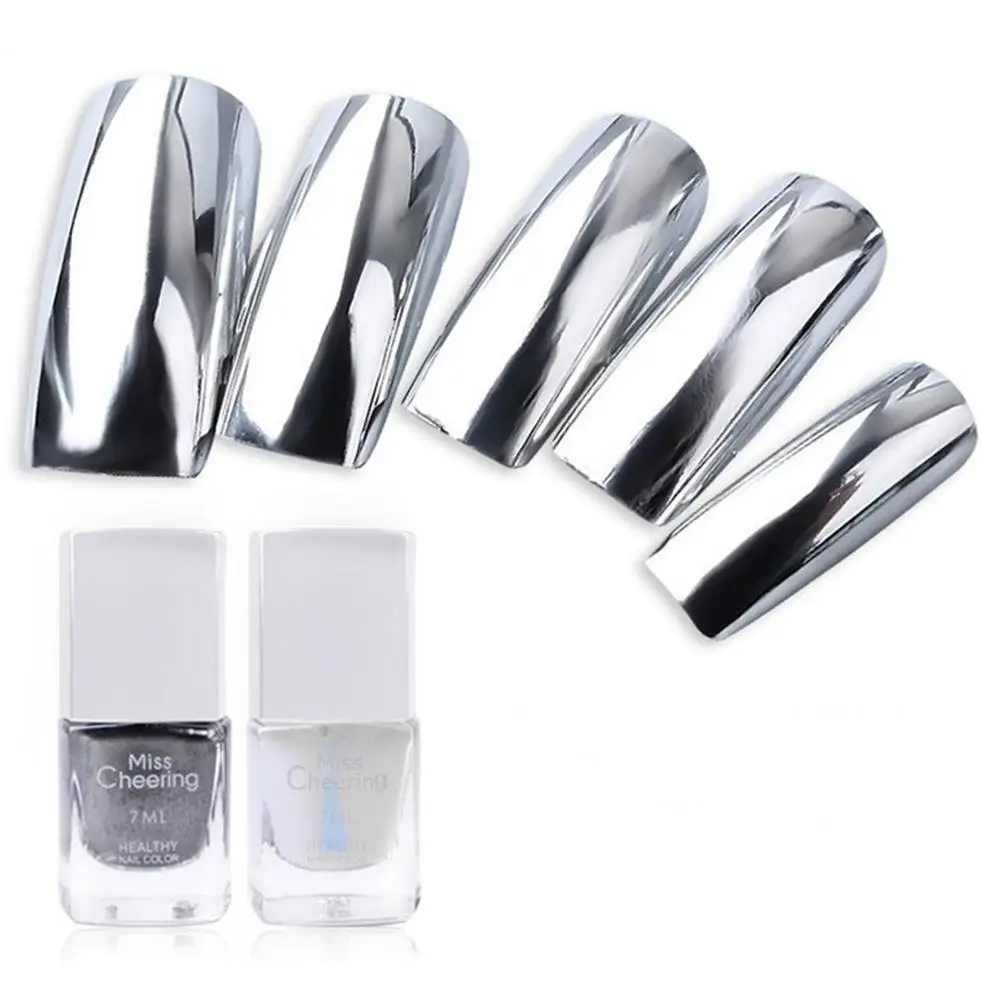 

2pcs/set 7ml Non-Toxic Safe Varnish Nail Polish Easy Peal Off Silver Mirror Effect Metal Nail Polish + Base Coat Nail Art