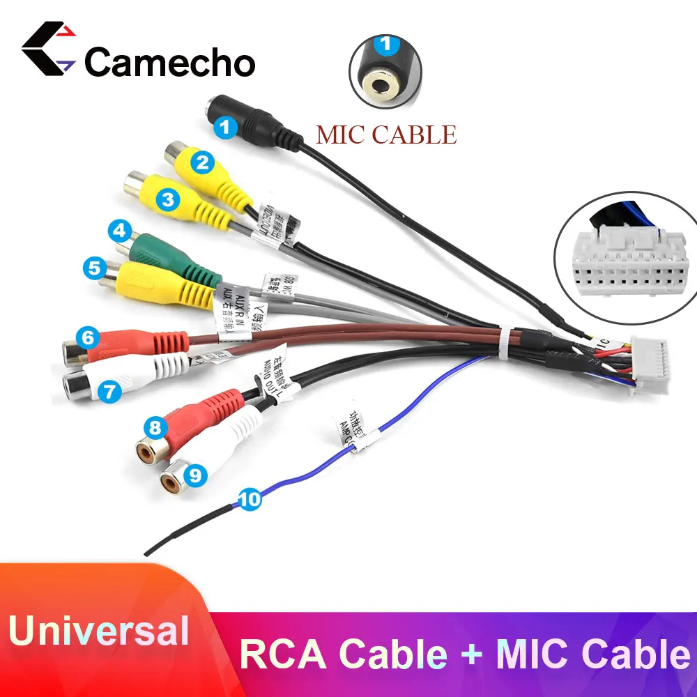 Camecho 2 Din кабель RCA выходной внешний микрофон адаптер Универсальный для din