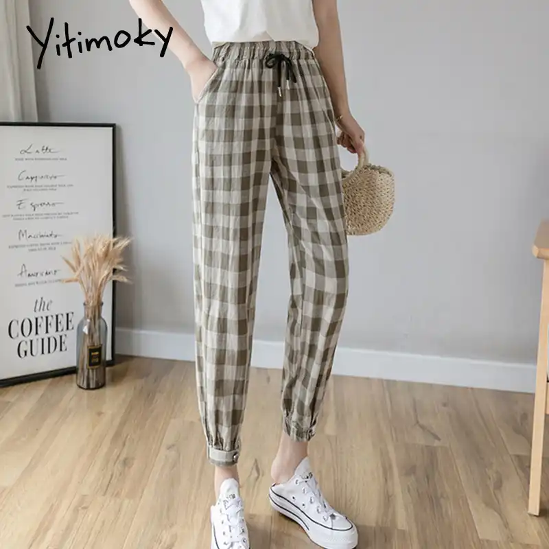 綿リネンチェック柄パンツ女性弾性ウエスト巾着ハイウエストハーレムパンツ女性 Plussizeヴィンテージズボン パンツ カプリパンツ Aliexpress