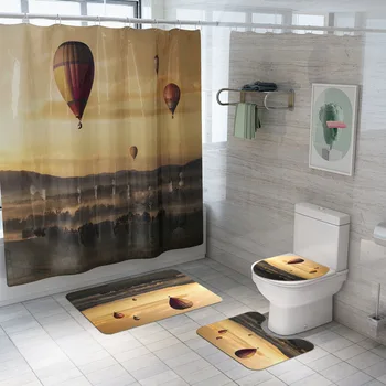 

Hot air balloon world Print Shower Curtain 4 Piece Carpet Cover Toilet Cover Bath Mat Pad Set Bathroom Curtain with 12 Hooks