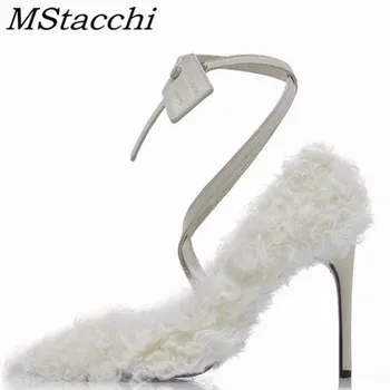 

Mstacchi Furry Slides Narrow Band Thin Heels For Women Shoes Fashion Rivet Button Single Shoes Elegant Ladies Pointed Toe Shoes