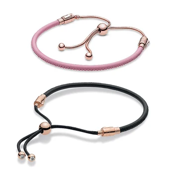 

925 Sterling Silver Rose Moments Pink Leather Slider Bracelet Bangle Fit Women Bead Charm Diy Pandora Jewelry