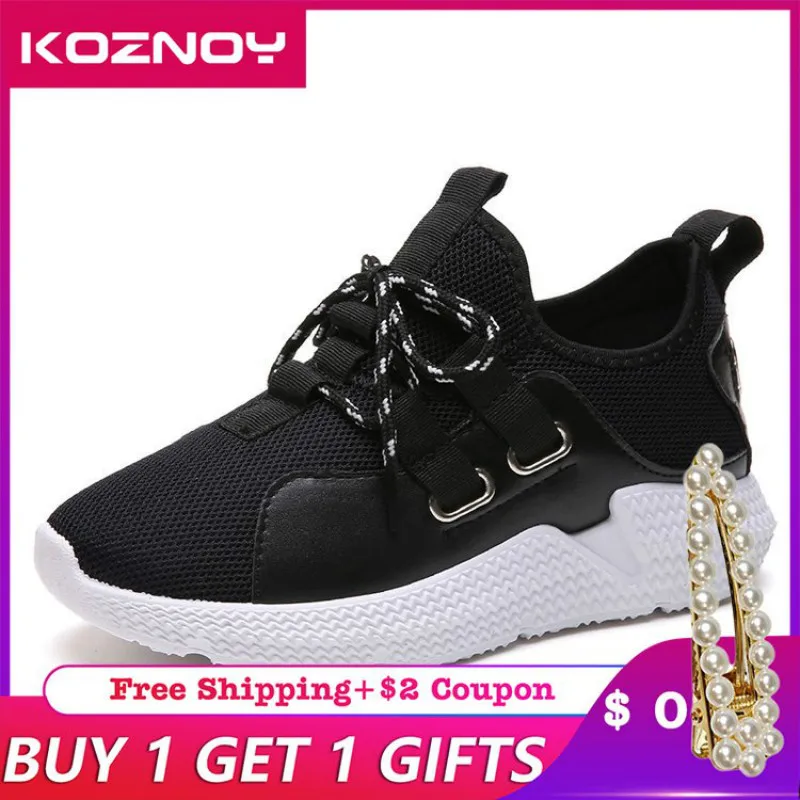 

Koznoy Sneakers Women Summer Breathable White Shoes Dropshipping Leisure Thick Bottom Lace Fashion Flat Bottom Mesh Women Shoes