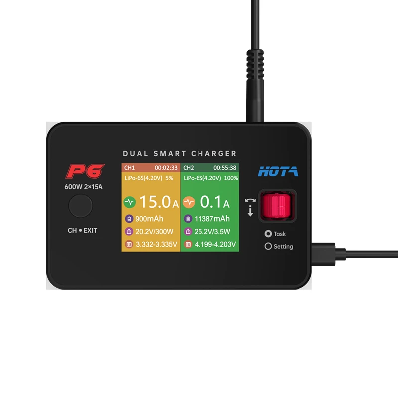 HOTA P6 DC 600W 15Ax2 Dual Channel Battery Balance Charger Smart Charger for Lipo 1-6S LiIon NiMH Battery with Type-C Output 36W